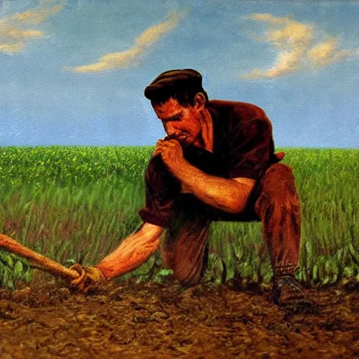 Image similar to - realistic painting of, cain tilling the field, in the style of miguelangel