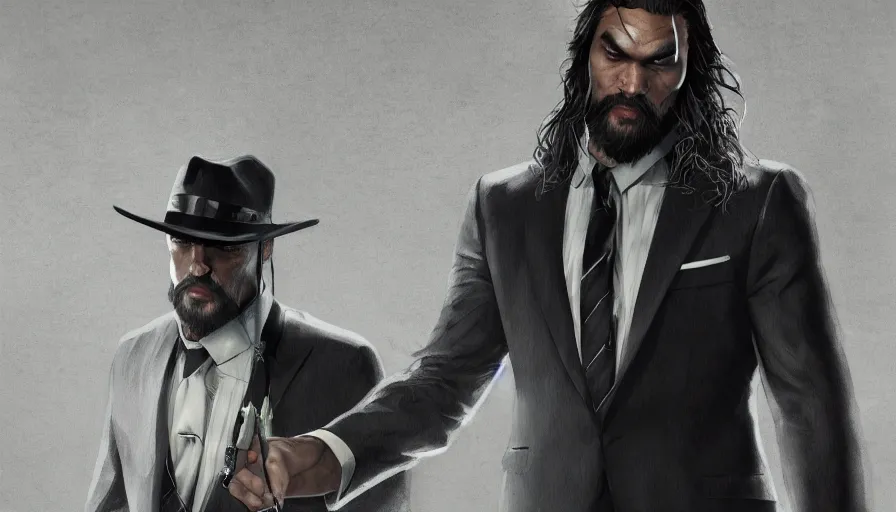 Prompt: Jason Momoa as a mafia boss in suit and tie, hyperdetailed, artstation, cgsociety, 8k