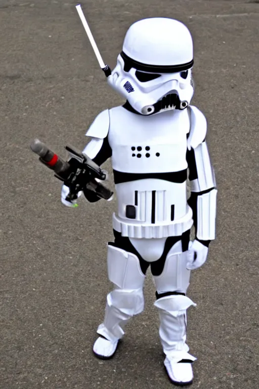 Image similar to a Cíborg Chihuahua holding a lightsaber,dressing like Stormtrooper,futuristic style.unnreal engine