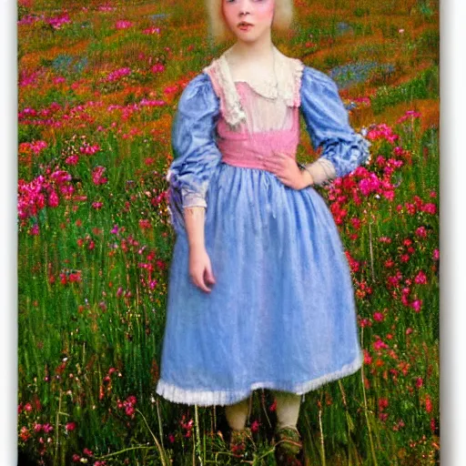 Prompt: A experimental art of a young girl with blonde hair, blue eyes, and a pink dress. She is standing in a meadow with flowers and trees. costume by Tom Roberts placid