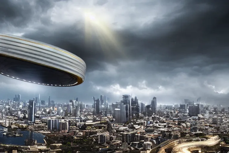 Prompt: wide shot of a near-future city with dark thick storm clouds in the sky. The massive ring spaceship is encircling the entire city. The ring spaceship is spinning fast. Sunlight shines through the center of the ring spaceship. realistic, HDR, 4k photo gigapixel