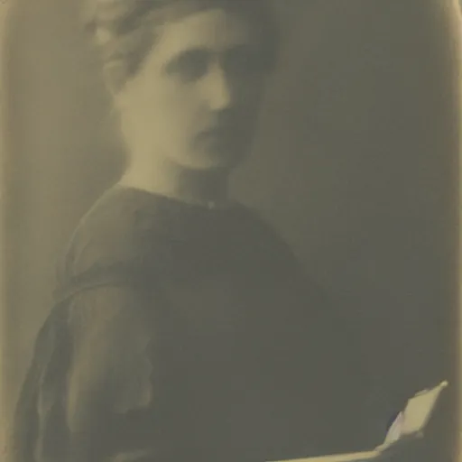 Image similar to Woman in 1910 using an iPhone, daguerreotype photo, HD