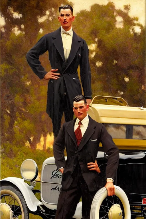 Prompt: attractive man standing in a 1 9 3 0 s suit near a ford model t, glossy oil painting by gaston bussiere, craig mullins, j. c. leyendecker, tom of finland