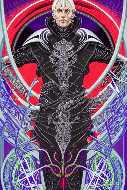 Image similar to a stunning and hypnotic full-color futuristic art nouveau styled action portrait of elric as a godlike and stoic chaos king, with weary and concerned red eyes, extremely detailed aquiline facial structure, art nouveau cybernetic armor and an intricately detailed magical rune-engraved hyperdetailed black sword that glows with ultraviolet eldritch power, perfectly symmetrical albino facial structure and linework, handsome alien facial characteristics, by travis charesyt, michael kaluta, michael whelan and bill sienkiewicz, dark sci-fantasy, deep complexity, male warrior king, sci-fi character concept, photorealism, spectacular framing, minimalist lighting, hyperrealism, 8k