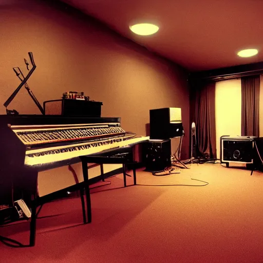 Image similar to dimly lit music studio, cigarette smoke haze, cinematic lighting, warm colors, shag carpet, 1970's