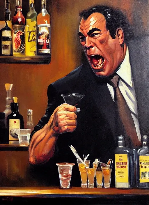 Prompt: painting by phil hale of a screaming, brutish, ogre-ish jon taffer!!! in a bar, broken glasses and drinks in the background, hulkish, towering, distressing, hd, high quality, visible texture and brush strokes