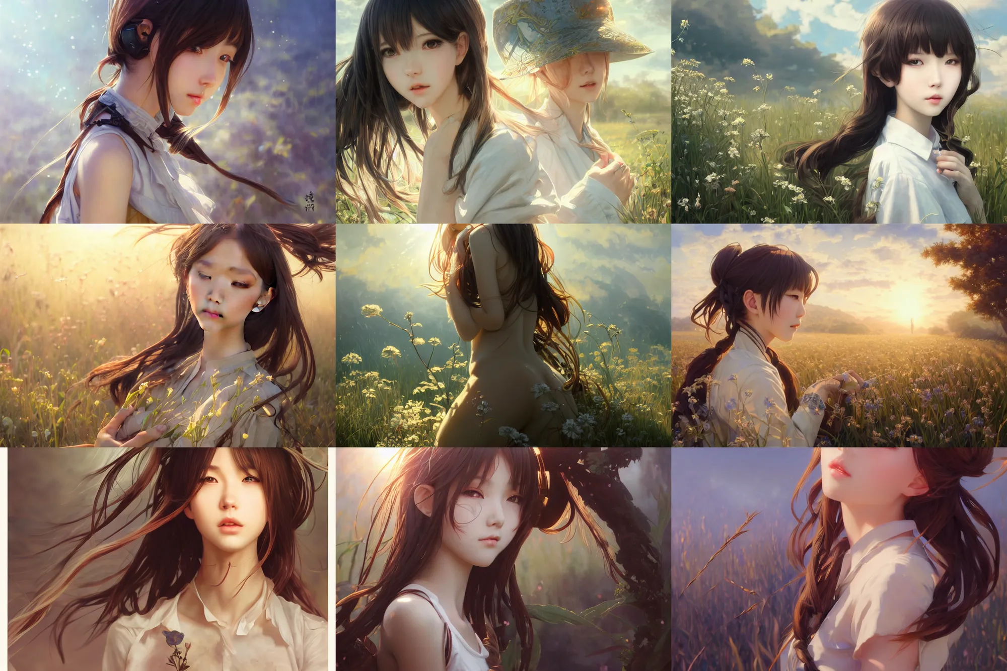 Prompt: ultra realistic beautiful country field techno art, beautiful alluring anime schoolgirl, gorgeous face and figure, sci - fi, intricate, elegant, highly detailed, digital painting, artstation, concept art, smooth, sharp focus, illustration, beautiful sunlight and shadows, art by tian zi and yuxiang chen and alphonse mucha and greg rutkowski and wlop