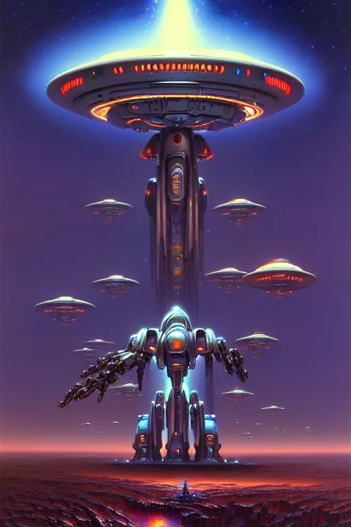 Prompt: a massive ufo mecha, tim hildebrandt, wayne barlowe, bruce pennington, donato giancola, trending on artstation, cinematic composition, beautiful lighting, hyper detailed, 8 k, oil on canvas