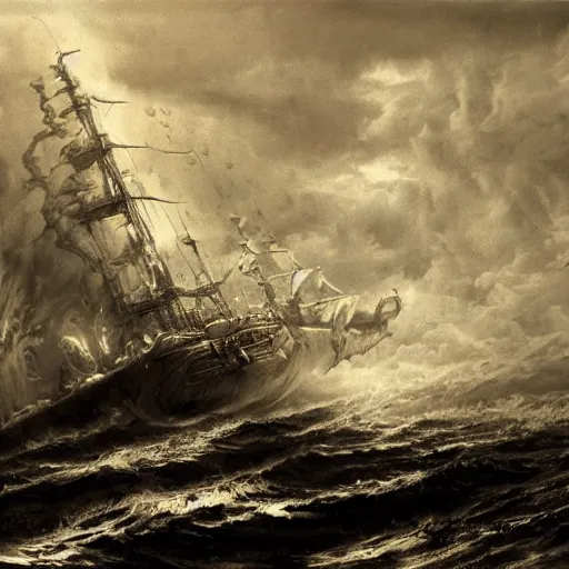 Prompt: a highly detailed hyperrealistic scene of a ship being attacked by giant squid tentacles, ultra realistic, jellyfish, squid attack, dark, voluminous clouds, thunder, stormy seas, pirate ship, dark, high contrast, yoji shinkawa, scary, m.c. Escher, highly detailed, brutal, beautiful, octopus arms attacking the ship from the storm, illusion, artgerm