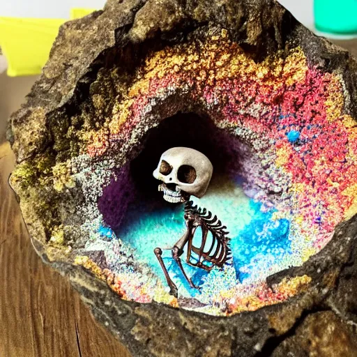 Image similar to mini dinosaur skeleton inside a geode of multi-colored crystals