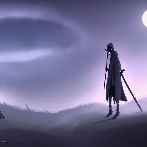 Image similar to 3 d studio ghibli style grim reaper, in beautiful night sky background, anatomical skeleton, in black hood, silver scythe, concept art, beautiful, anime style, octane render, cycles, high definition, night lighting