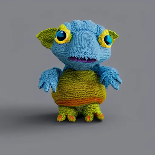 Prompt: super cute sad dinosaur made out of sweaters and yarn octane rendering vivid cinematic lighting 4k
