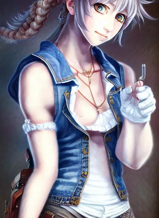 Image similar to a portrait of catgirl wearing white vest, and denim shorts an ultrafine detailed painting, detailed painting, boris valejo. octopath traveler