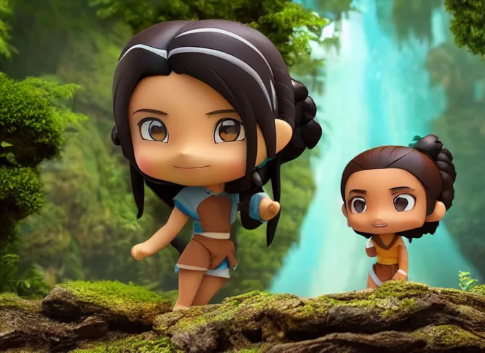 Prompt: katara from avatar as nendoroid is summoning a giant wave from a like in a forest, in the croods movie style, anime, disney, pixar, 8 k, hd, dof, kodak film, volumetric lighting, subsurface scattering, photorealistic, octane render, details