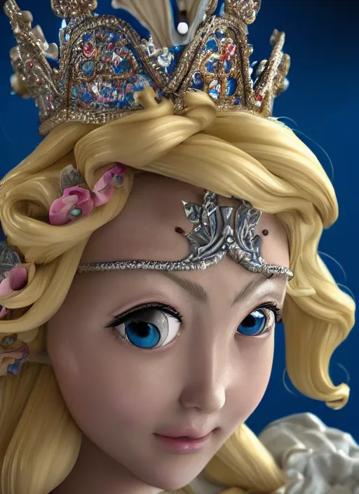 Image similar to closeup profile face portrait of a tin toy fairytale princess wearing a crown eating cakes, bikini, depth of field, zeiss lens, detailed, symmetrical, centered, fashion photoshoot, by bosch, giger, breathtaking, 8 k resolution, extremely detailed, beautiful, establishing shot, artistic, hyperrealistic, beautiful face, octane render