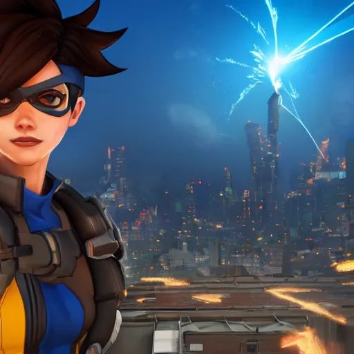 Image similar to tracer, standing on rooftop, 4 k, detailed, smiling at camera, detailed eyes, confident stance, burning exploding city in background