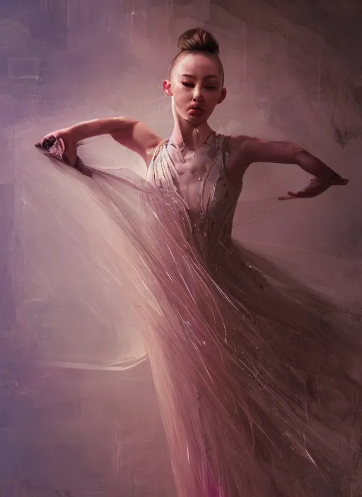 Image similar to portrait of a ballerina in a long flowing gown. intricate abstract. intricate artwork. by tooth wu, wlop, beeple, dan mumford. trending on artstation, greg rutkowski very coherent symmetrical artwork. cinematic, hyper realism, high detail, octane render, 8 k, iridescent accents