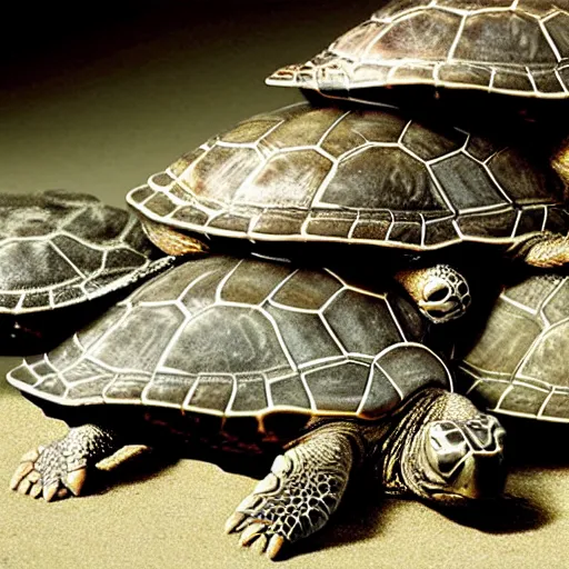 Prompt: a stack of turtles beneath a flat earth
