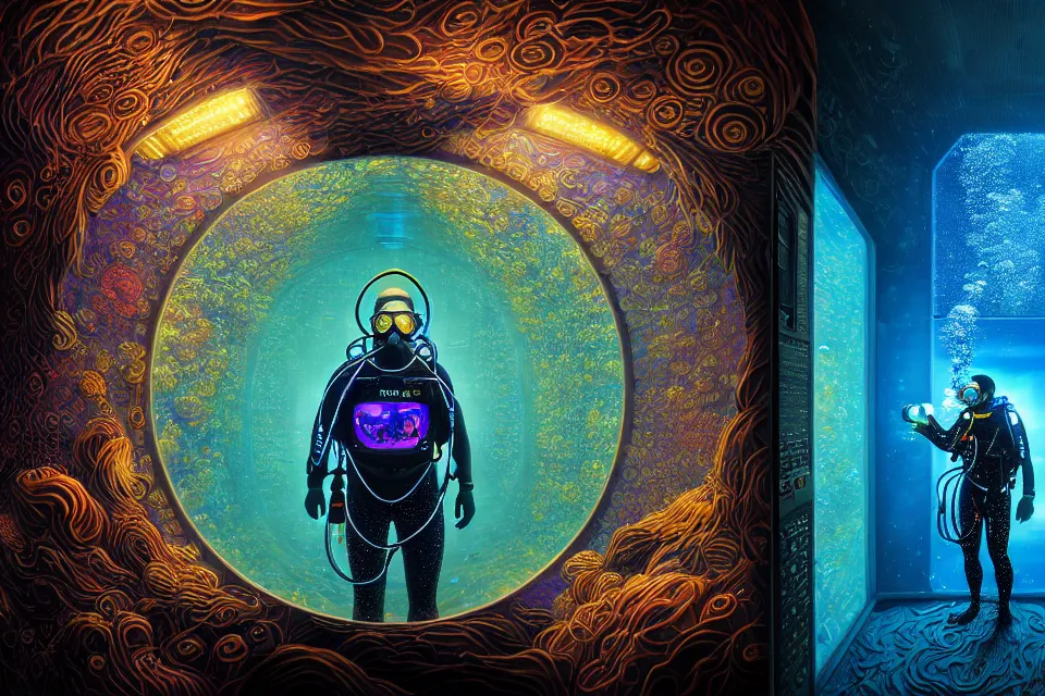 Image similar to detailed portrait of a cyberpunk scuba diver inside a dmt portal, cinematic lighting, corals, big mirrors, stacked computer screens, science lab, 8 k high resolution, by james r eads and tomasz alen kopera