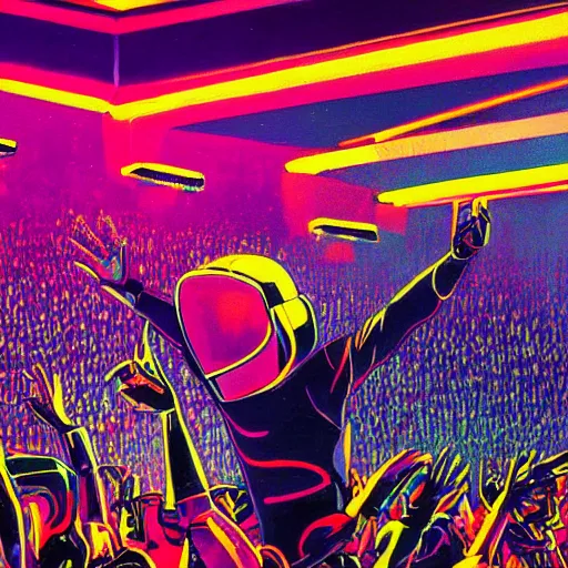 Prompt: painting of Daft Punk dancing on the stage in front of the crowd, colorful lights, illustration, artistic, hyper detailed,