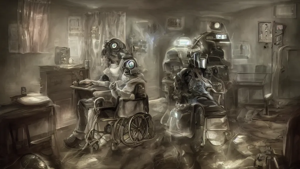 Image similar to my grandma in a nursing home located near a futuristic tank battle, old lady, cybernetic, lasers, dark future, hellscape, digital art, fear, creepy, jeff the killer, trending on artstationhq