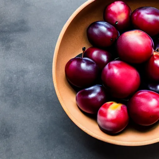 Image similar to photo of a thick porcelain bowl filled with a few moist freshly picked plums on a wooden table. volumetric lighting. 4 k. small scale. realistic. top down.