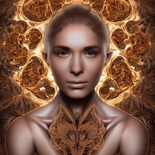 Image similar to beatifull frontal face portrait of a woman, 150 mm, anatomical, flesh, flowers, mandelbrot fractal, facial muscles, veins, arteries, symmetric, intricate, golden ratio, full frame, microscopic, elegant, highly detailed, ornate, ornament, sculpture, elegant , luxury, beautifully lit, ray trace, octane render in the style of peter Gric , alex grey and Romero Ressendi