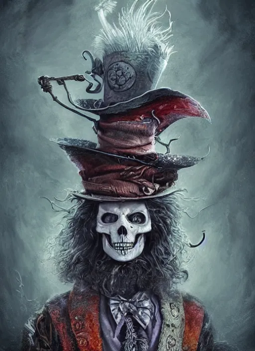 Prompt: mad hatter, viking god, skull, highly detailed, cinematic, 8 k, by megan duncanson, benjamin lacombe, adrian borda, stanley artgermm, tom bagshaw, craig mullins, carne griffiths, ayami kojima, beksinski, giger, trending on deviantart, hyper detailed, horror, full of colour