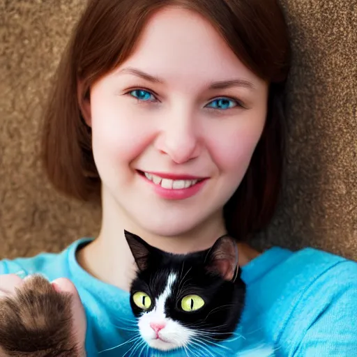 Image similar to a photo of a beautiful young woman holding a cat, ultra high detail, 8 k, award winning photograph.