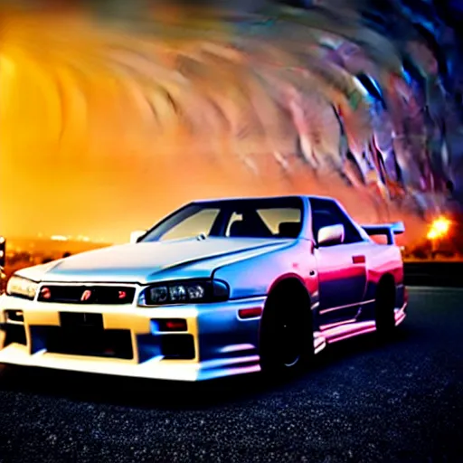 Image similar to a car Nissan Skyline GTR at illegal car meet, Saitama prefecture, city sunset mist lights, cinematic color, photorealistic, highly detailed, 200MM