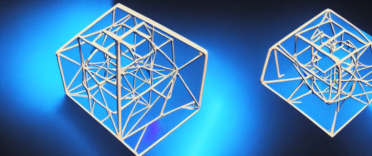 Image similar to hyperrealistic highly detailed metatron's cube rotating mid-air iridescent escher dali matte painting moody blue lighting low angle hd 8k sharp shallow depth of field