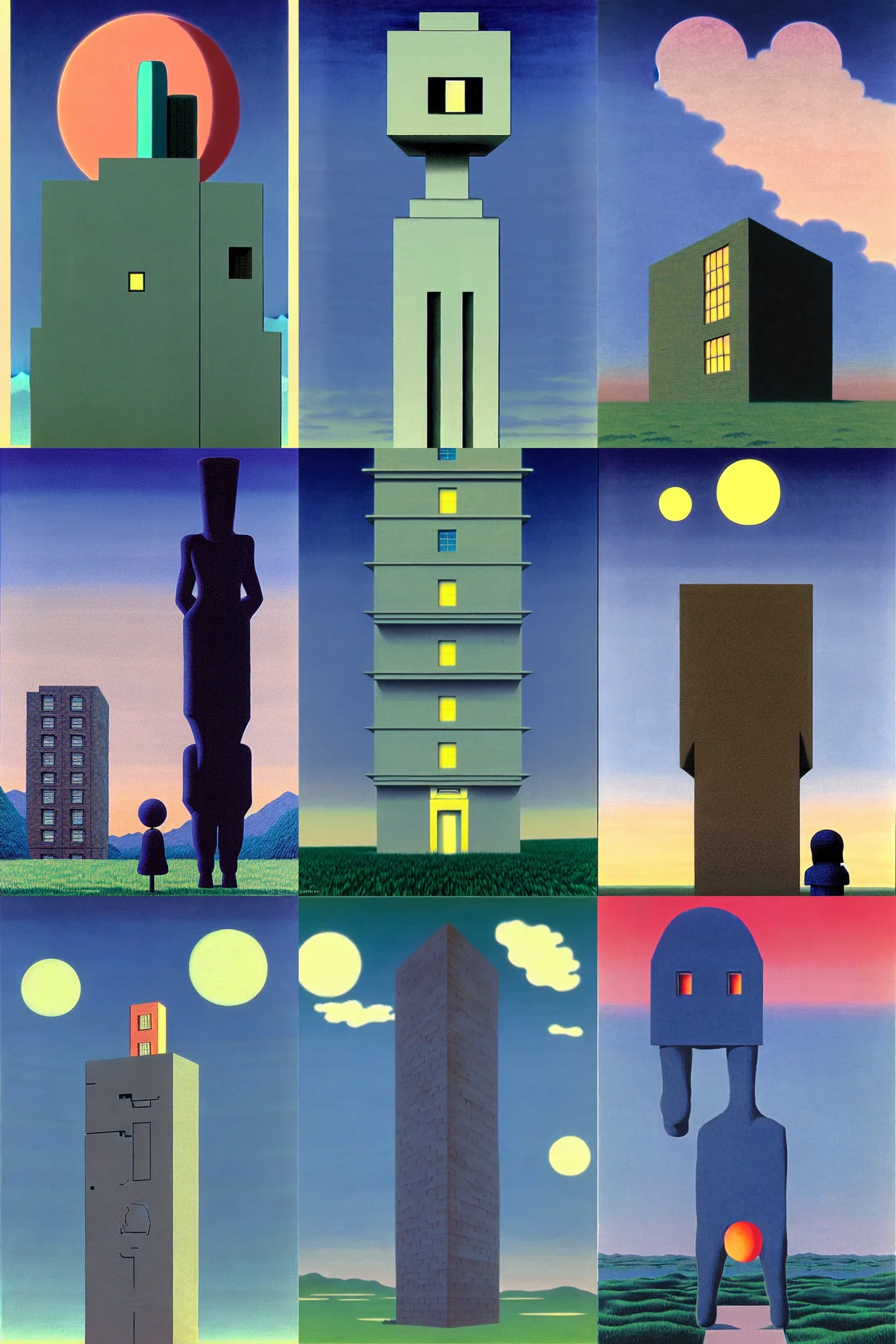 Prompt: humanoid building at dusk by studio ghibli and rene magritte