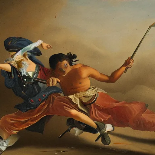 Prompt: high detailed painting of a traditional artist fighting an ai artist