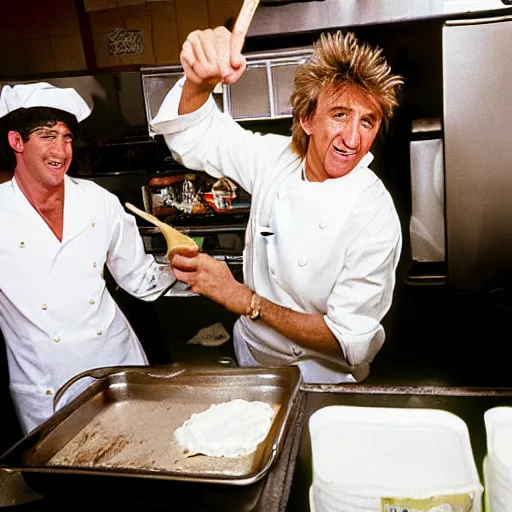 Image similar to rod steward is frying burgers, 1 9 8 0 s diner, dirty dishes, greasy food, impatient customers, rod stewart is wearing a stained apron, smiling at camera, white paper cap, he's sweating, photo