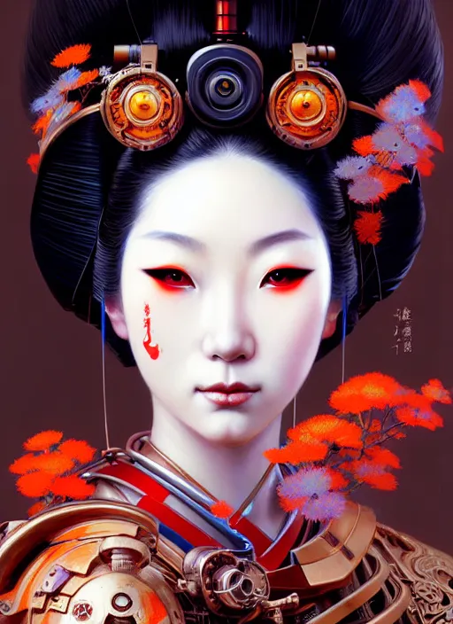 Prompt: beautiful japanese geisha wearing vr eyepiece, robotic, android, cyborg, cyberpunk face, steampunk, fantasy, intricate, elegant, highly detailed, colorful, vivid color, digital painting, cinematic lighting, artstation, concept art, art by artgerm and greg rutkowski and ruan jia,