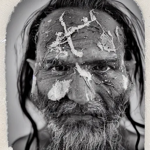 Image similar to polaroid film portrait of aghori sadhu covered in ash, hyperrealism, hypermaxiymalism, photorealistic, detailed, atmospheric, 8 k, award winning photography, cinematic