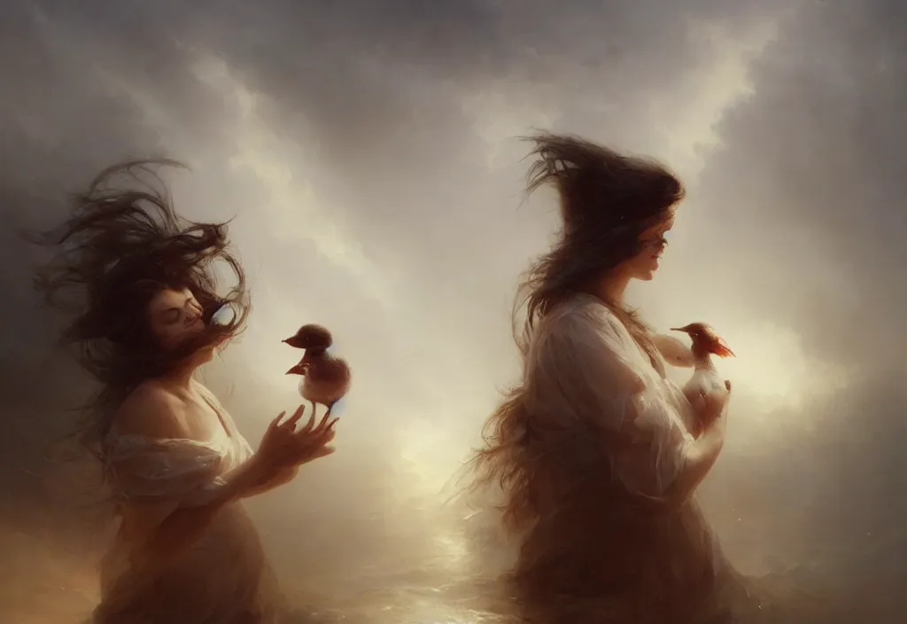 Image similar to epic portrait an woman holding a duck, wet flowing hair, sweaty skin, broad light, ambient occlusion, volumetric light effect, made by ivan aivazovsky, peter mohrbacher, greg rutkowski, hyperrealistic, hyperdetailed, matte painting, trending on artstation, 8 k, perfectly defined features, digital painting,