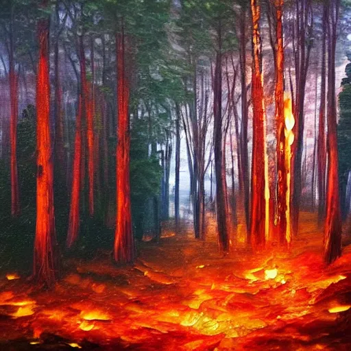 Image similar to a forest in flames with lightning in the background, oil painting, beautiful, enchanting, nature