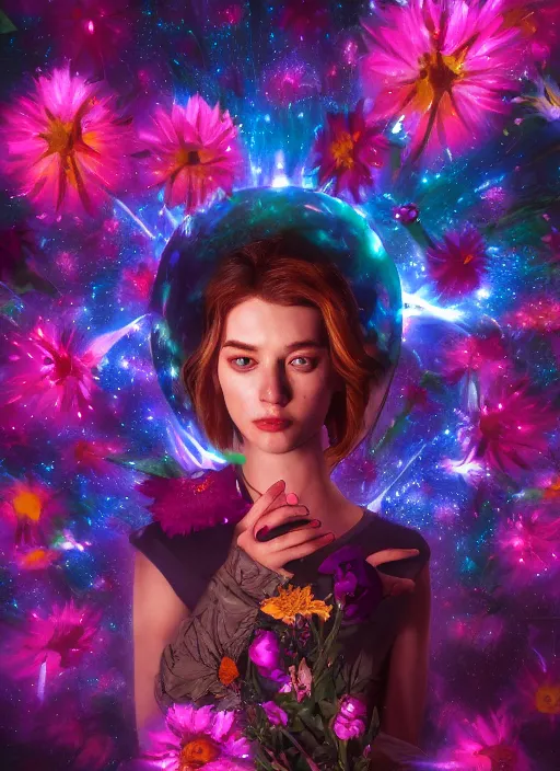 Image similar to An epic fantastic realism comic book style painting of the most beautiful flowers launched across the dark and starry cosmos, bouquets, fisheye lens, unreal 5, DAZ, hyperrealistic, octane render, dynamic lighting