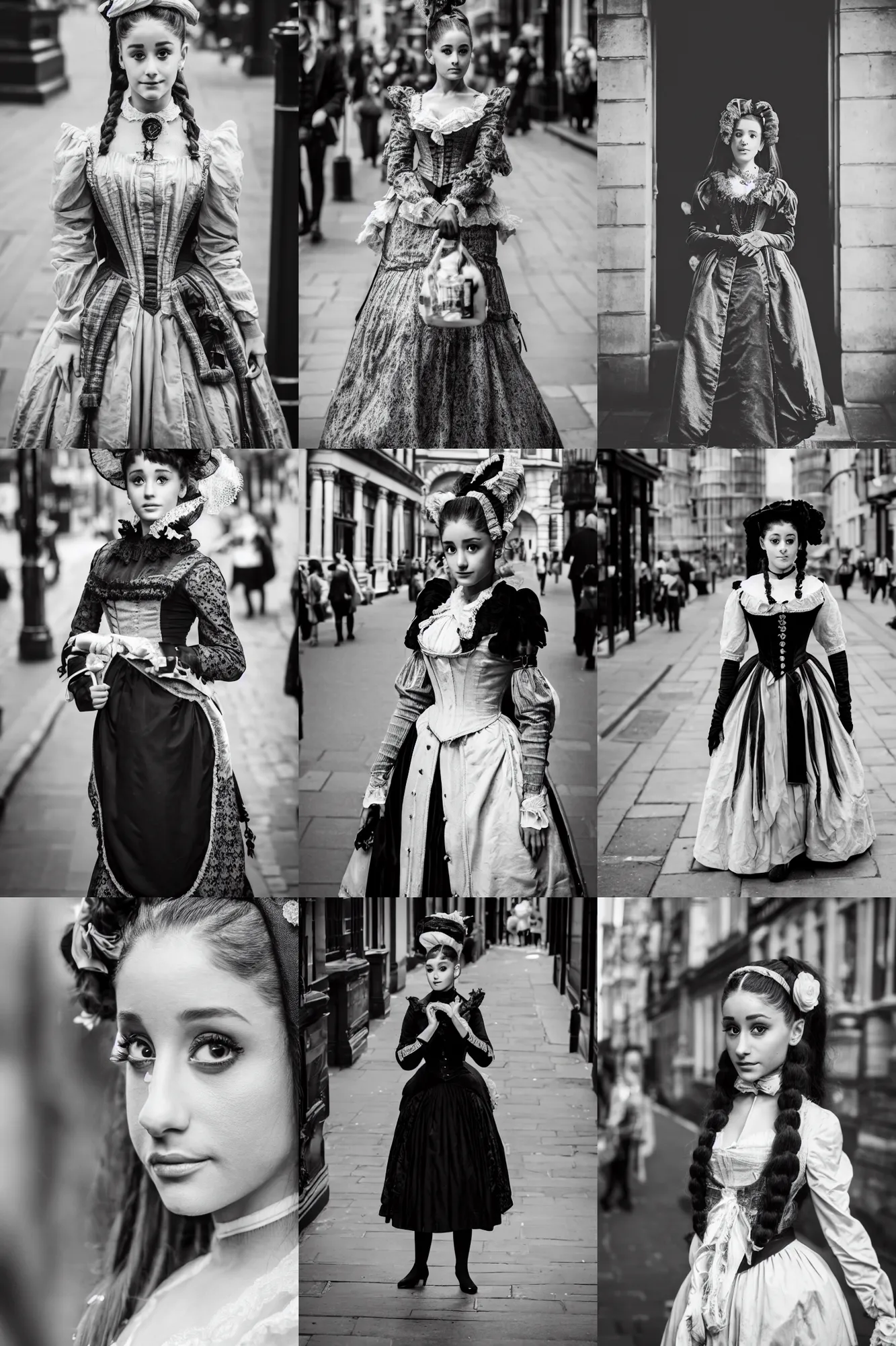 Prompt: Ariana Grande Victorian Era clothing, walking through the streets of London, XF IQ4, f/1.4, ISO 200, 1/160s, 8K, symmetrical face, beautiful eyes, black and white