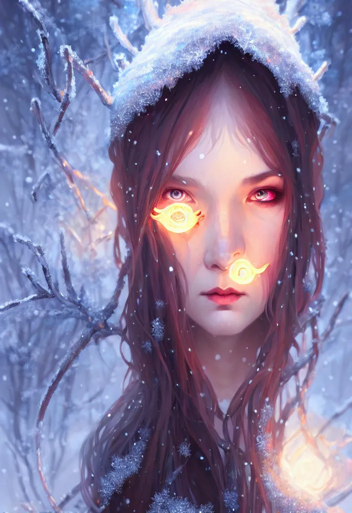 Image similar to beautiful ancient frost witch, eye fire, snow glow, snowfall, highly detailed, digital painting, artstation, sharp focus, illustration, art by tan zi and ayanamikodon and alphonse mucha and wlop