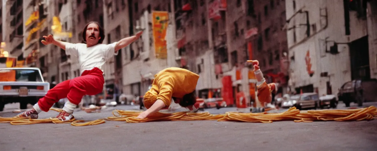 Image similar to !!! spaghetti, 1 9 8 0's breakdancing, nyc, canon 2 0 mm, wes anderson, kodachrome