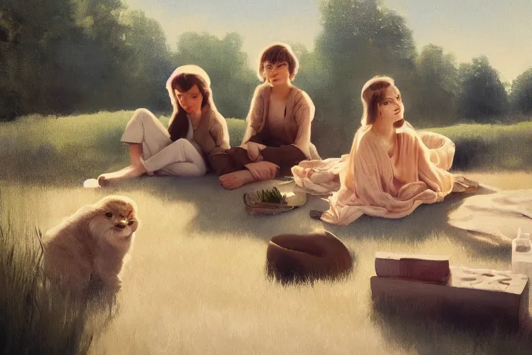 Image similar to beautiful painting of friends, beautiful faces, sitting on the edge, cute, soft light, digital painting by diane arbus and ralph mcquarrie and harry bertoia octane render