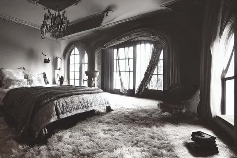 Prompt: dark dreamy fantasy bedroom, high contrast, defined shadows
