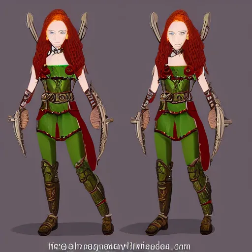 Prompt: a red haired lady with a pretty and elvish ears, she has many soft freckles and her hair is pulled back in braids, she wears green segmented armor with golden accents and steel segments of armor along her arms, she has a chest strap with potions attached to it and a scimitar on her hip, high quality