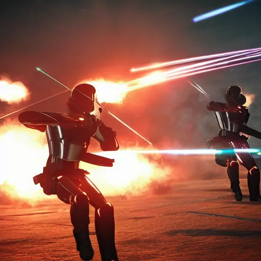 Image similar to british royal guard androids firing lasers, futuristic look, highly detailed body, very powerful, photorealistic camera shot, crisp quality and light reflections, unreal engine 5 quality render