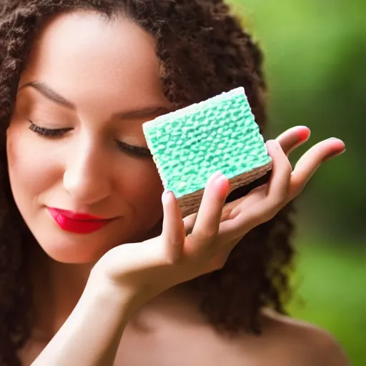 Prompt: beautiful advertising 3 2 mm lens photo of a young woman holding an assortment scented soap bricks to the viewer, summer outdoors photography