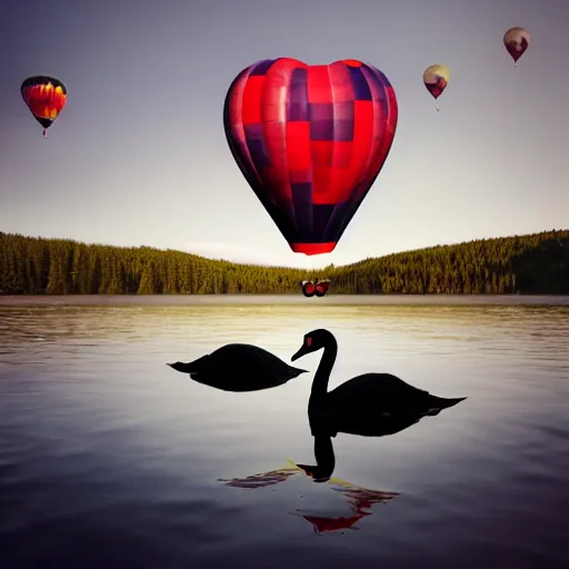 Image similar to photo of two black swans swimming in a beautiful reflective mountain lake, touching heads, forming a heart with their necks, a colorful hot air balloon is flying above the swans, hot air balloon, intricate, portrait, 8k highly professionally detailed, HDR, CGsociety, octane render, 4k