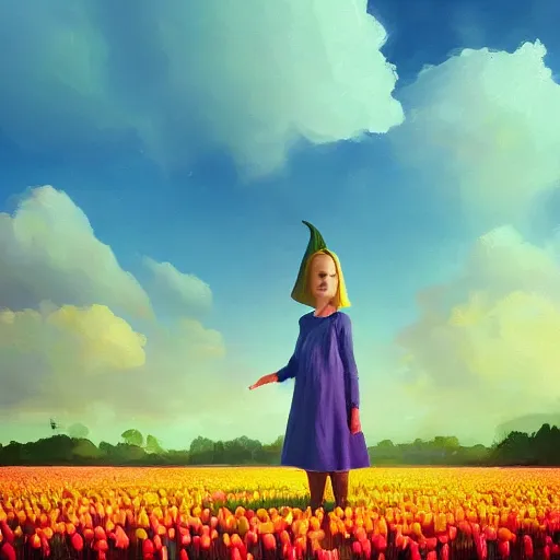 Prompt: girl with a giant tulip head, surreal photography, flower field, sunset dramatic light, impressionist painting, colorful clouds, blue sky, digital painting, artstation, simon stalenhag