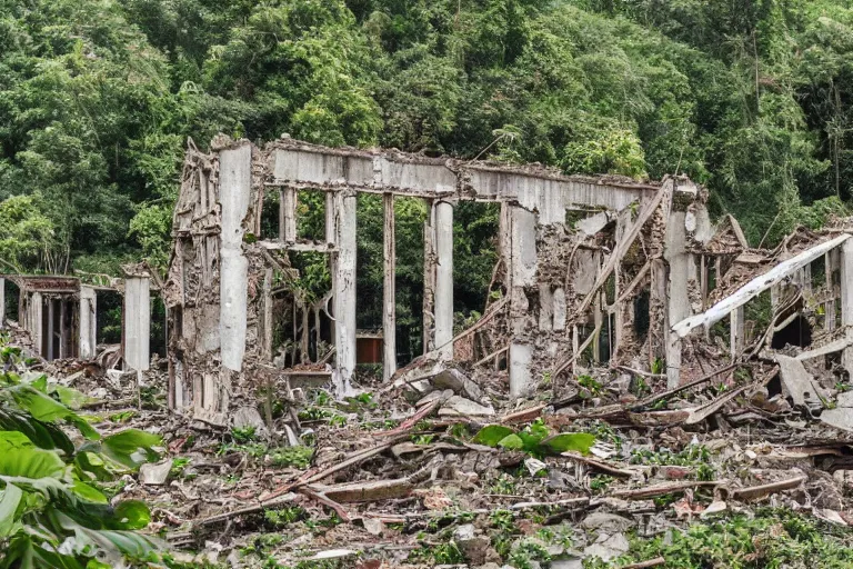 Prompt: ruins of an apartment complex in a jungle, DSLR photography